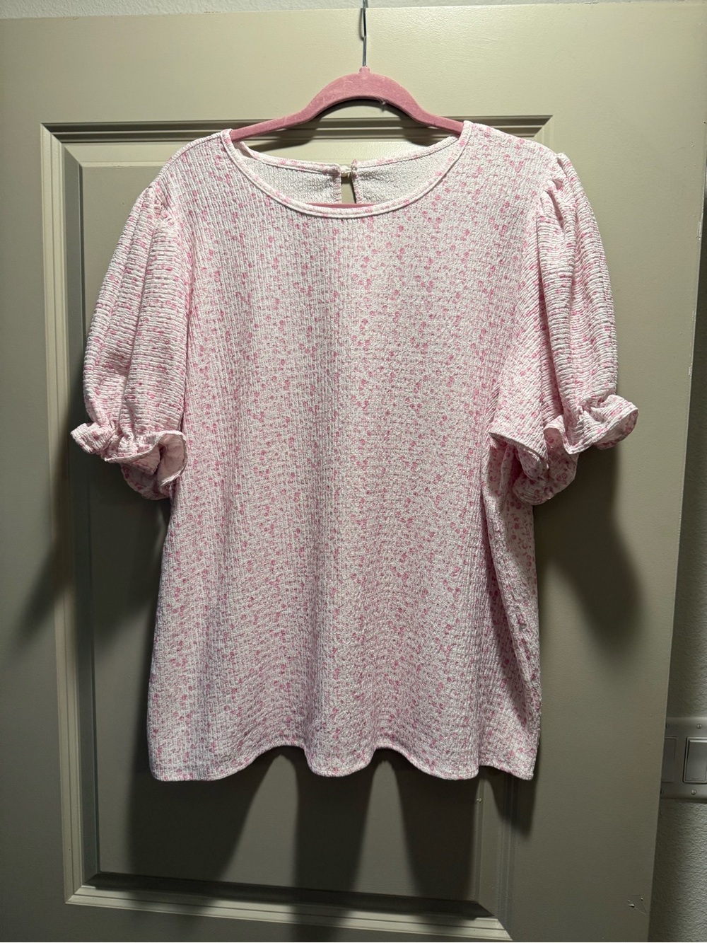 Pink White Floral Textured Puff Sleeve Ruffle Blouse XL
